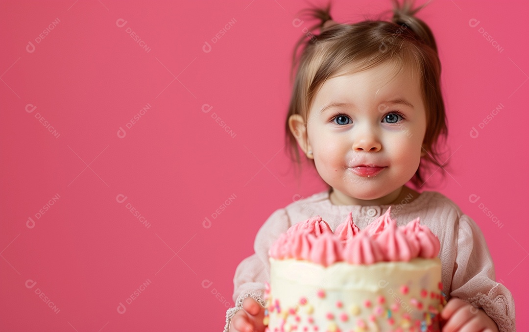 Menina com bolo mostrando sobremesa em cor sólida