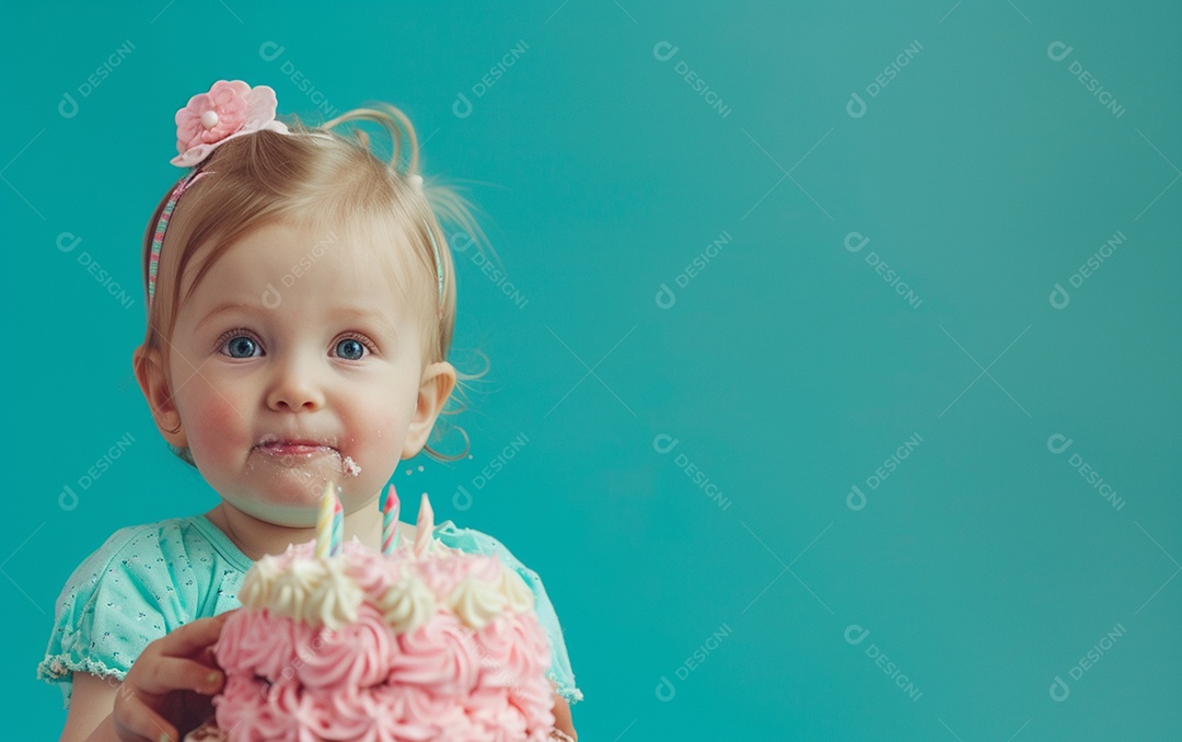 Menina com bolo mostrando sobremesa em cor sólida