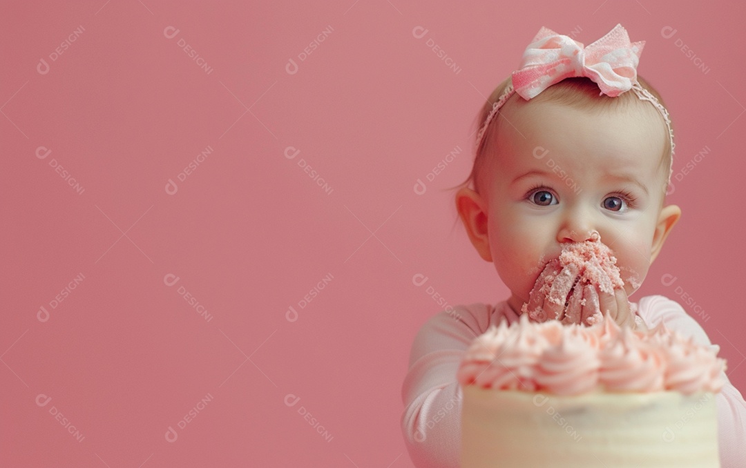 Menina com bolo mostrando sobremesa em cor sólida