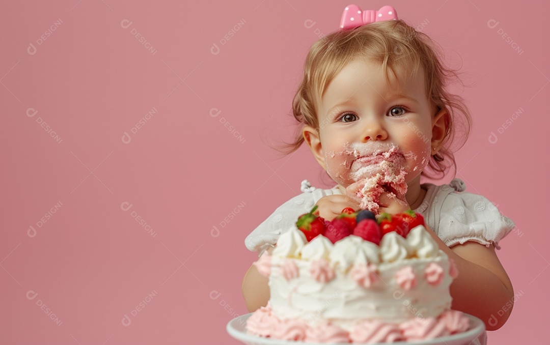 Menina com bolo mostrando sobremesa em cor sólida