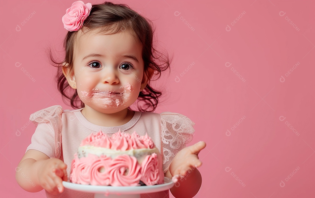 Menina com bolo mostrando sobremesa em cor sólida