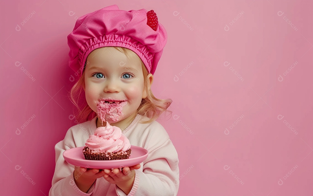 Menina com bolo mostrando sobremesa em cor sólida
