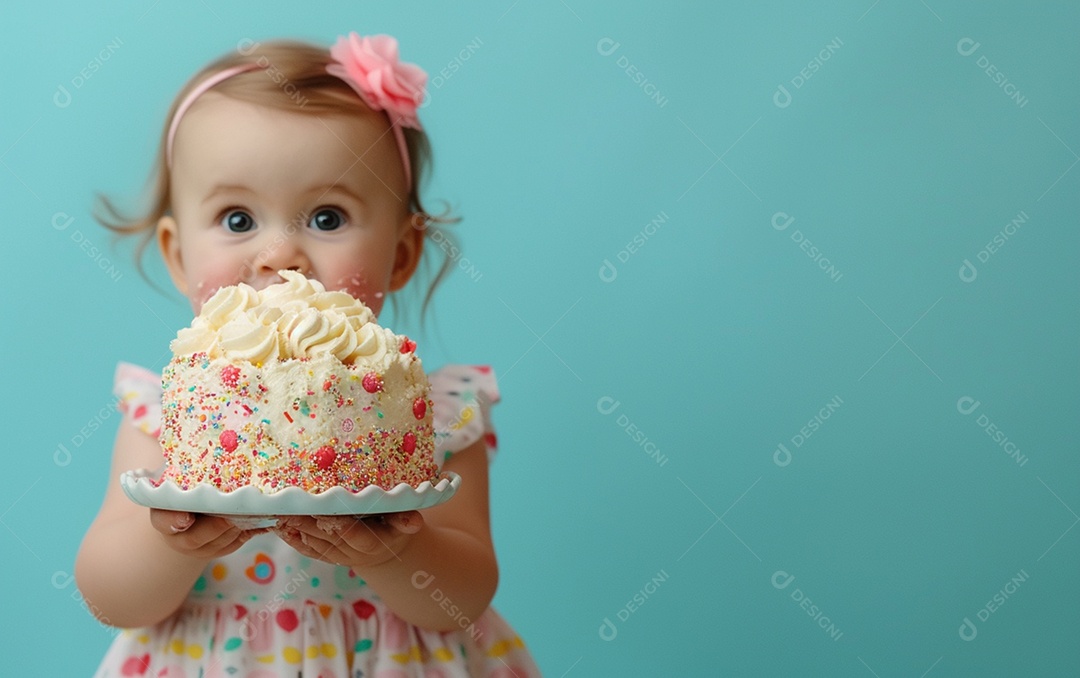 Menina com bolo mostrando sobremesa em cor sólida