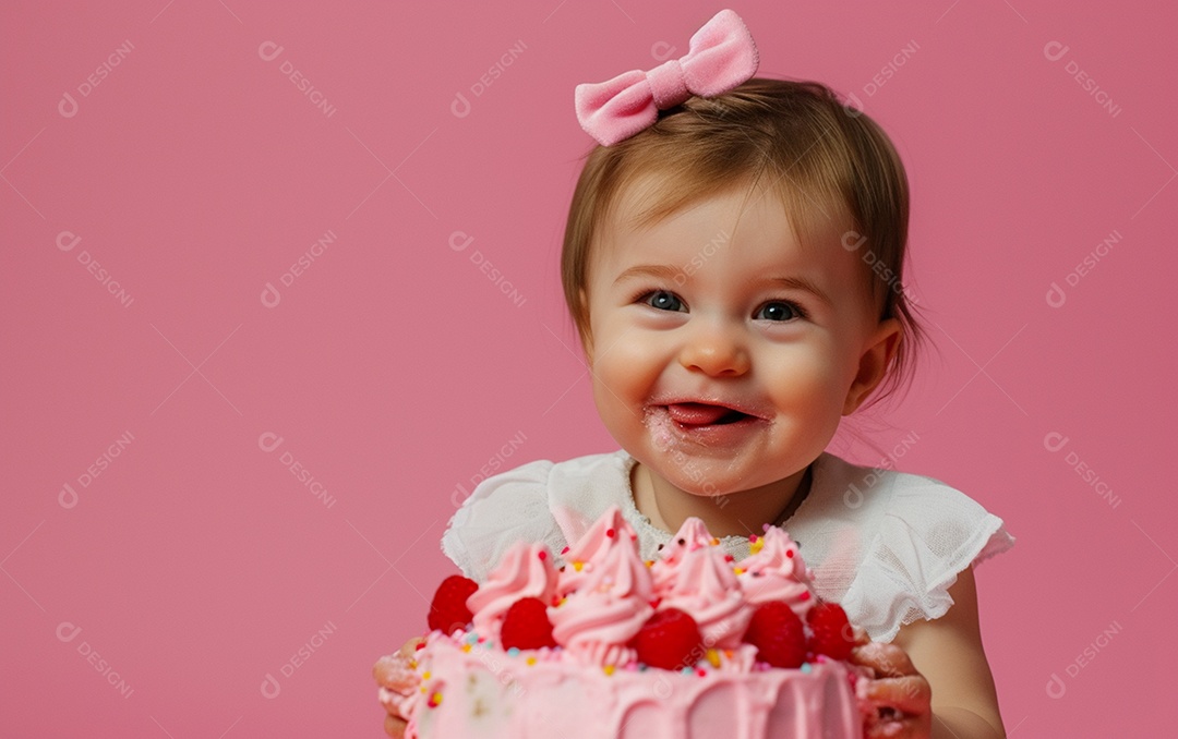 Menina com bolo mostrando sobremesa em cor sólida