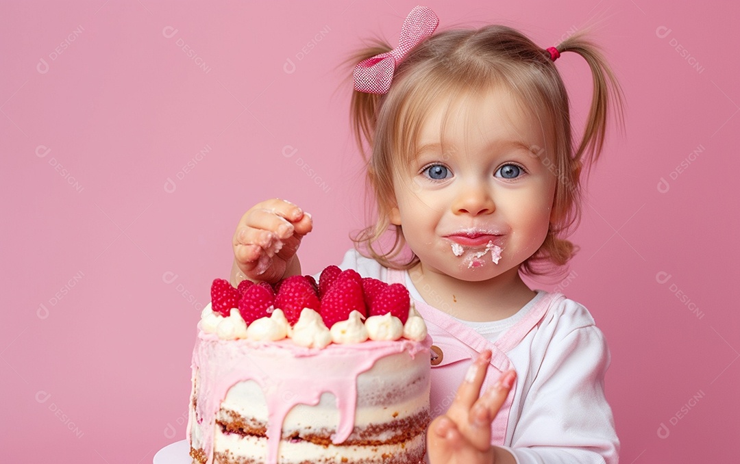 Menina com bolo mostrando sobremesa em cor sólida