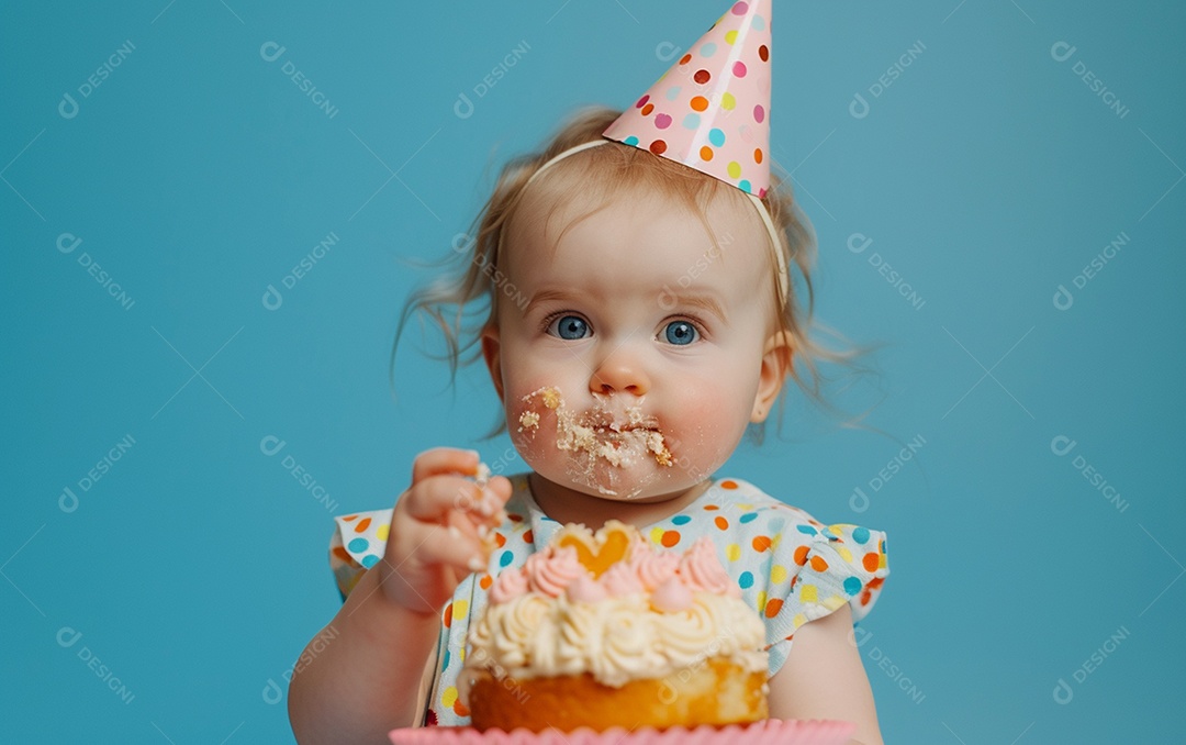 Menina com bolo mostrando sobremesa em cor sólida