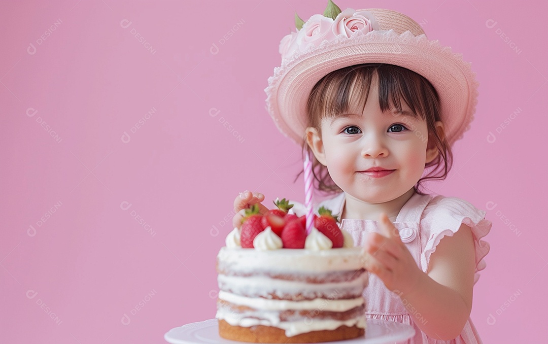 Menina com bolo mostrando sobremesa em cor sólida