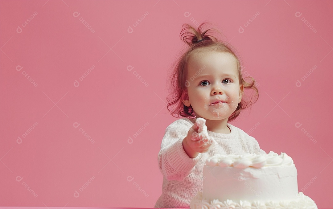 Menina com bolo mostrando sobremesa em cor sólida