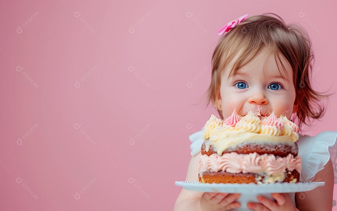 Menina com bolo mostrando sobremesa em cor sólida