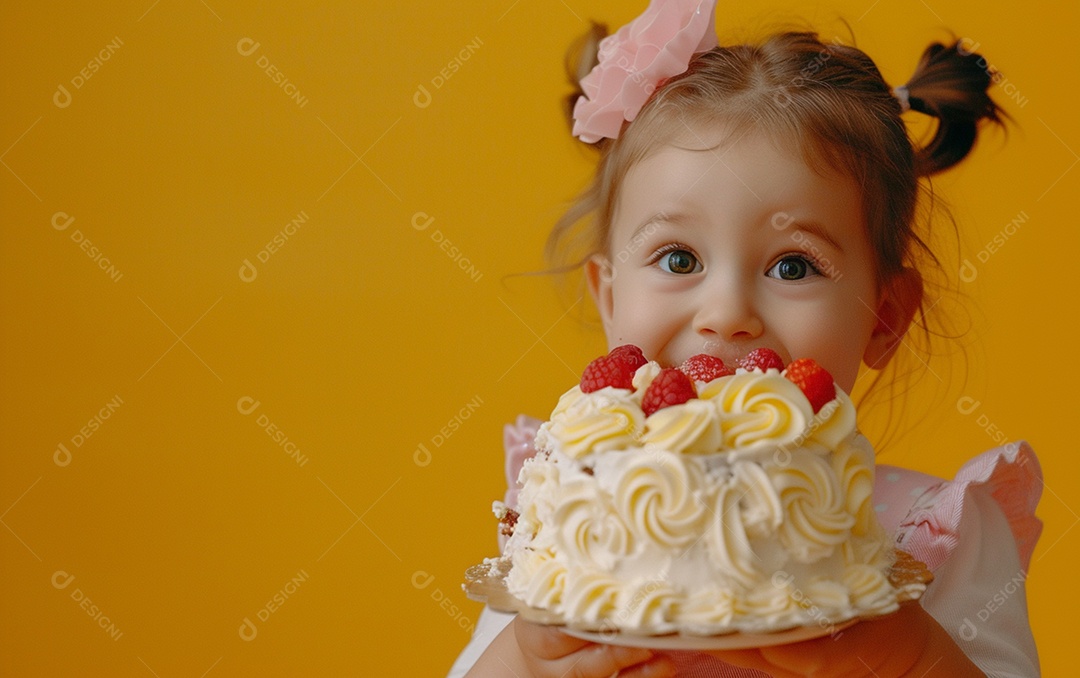 Menina com bolo mostrando sobremesa em cor sólida