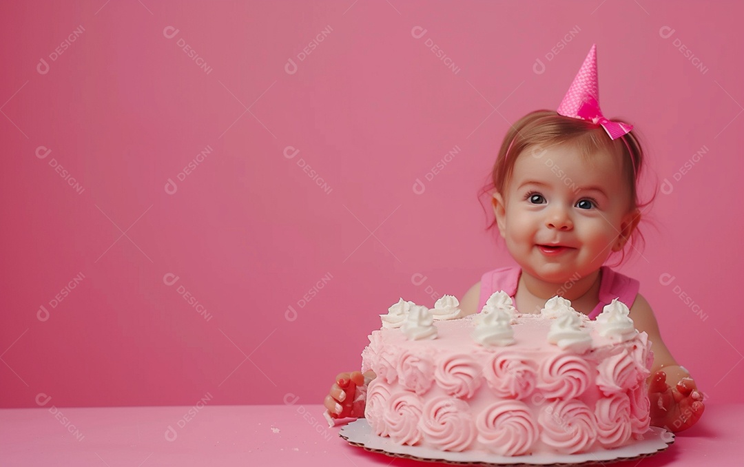 Menina com bolo mostrando sobremesa em cor sólida