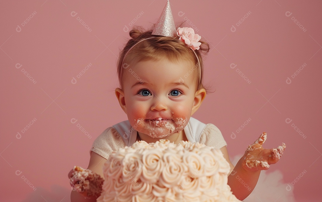 Menina com bolo mostrando sobremesa em cor sólida