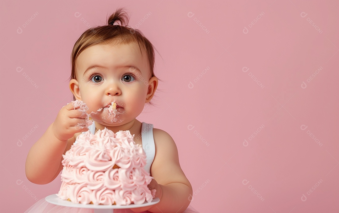 Menina com bolo mostrando sobremesa em cor sólida