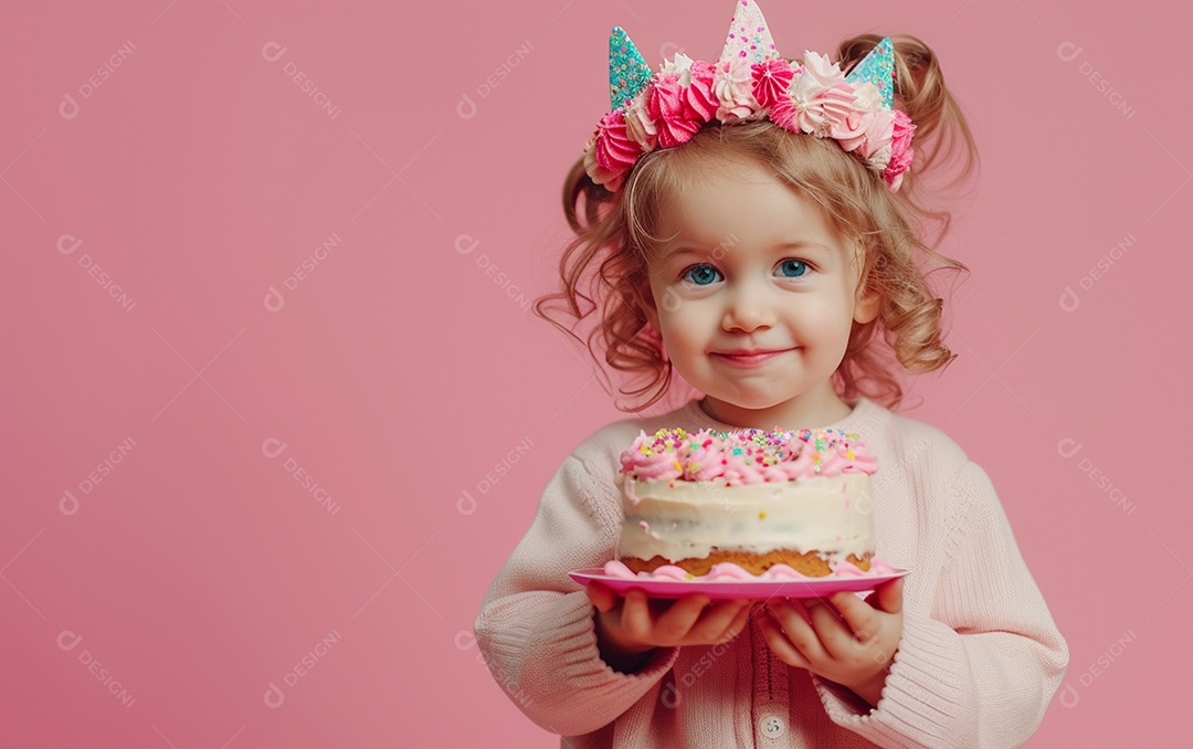 Menina com bolo mostrando sobremesa em cor sólida