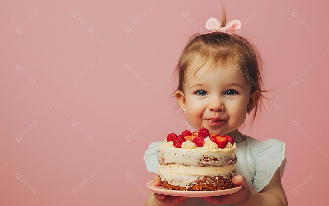 Menina com bolo mostrando sobremesa em cor sólida
