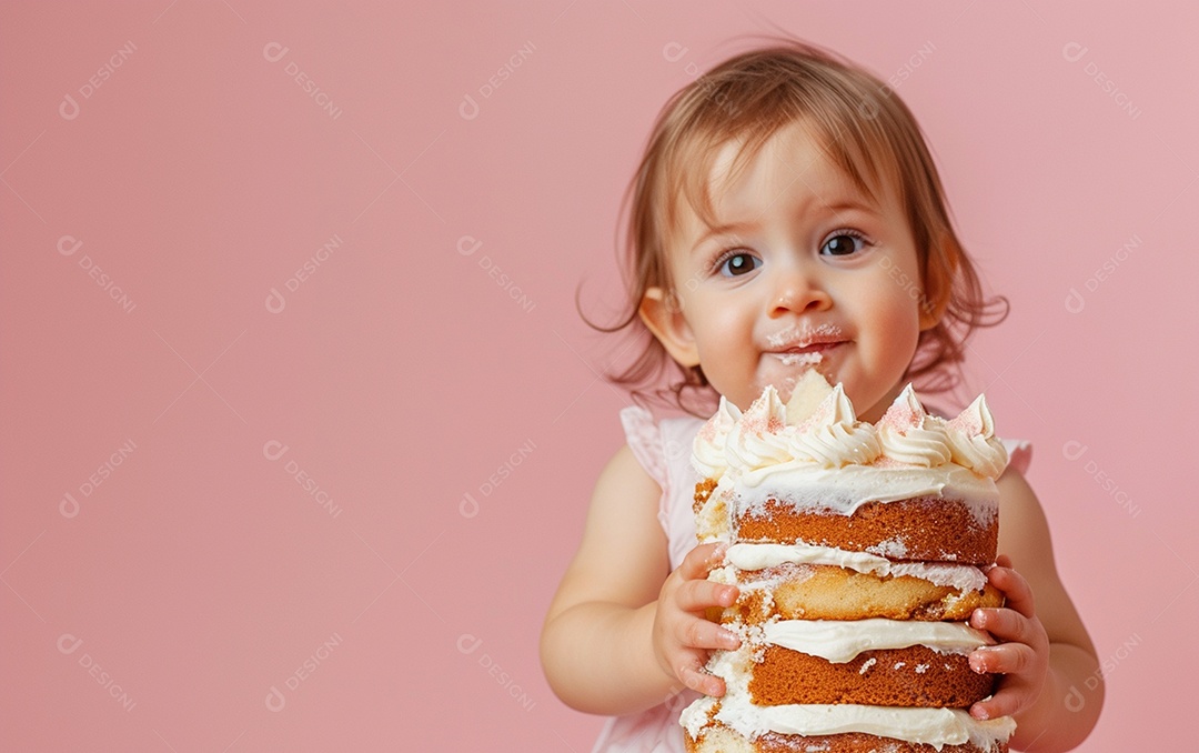 Menina com bolo mostrando sobremesa em cor sólida