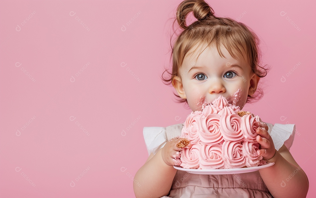 Menina com bolo mostrando sobremesa em cor sólida