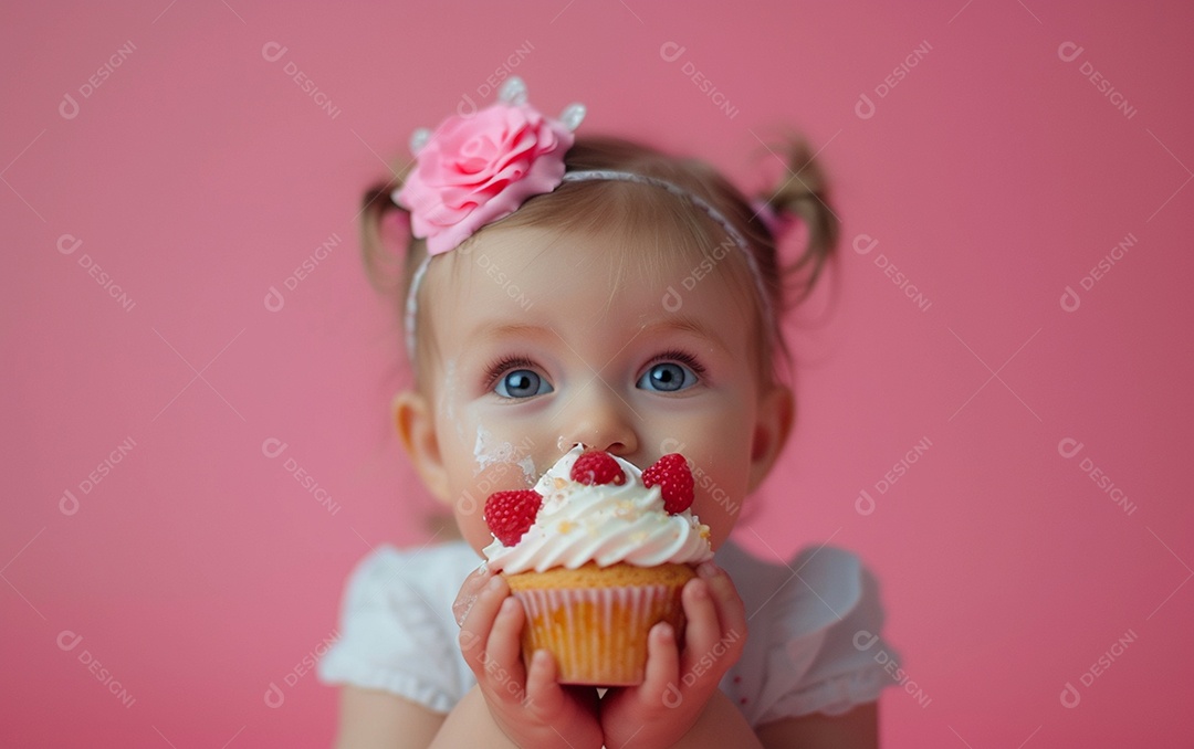 Menina com bolo mostrando sobremesa em cor sólida