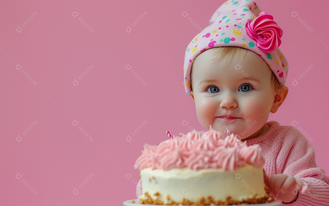 Menina com bolo mostrando sobremesa em cor sólida