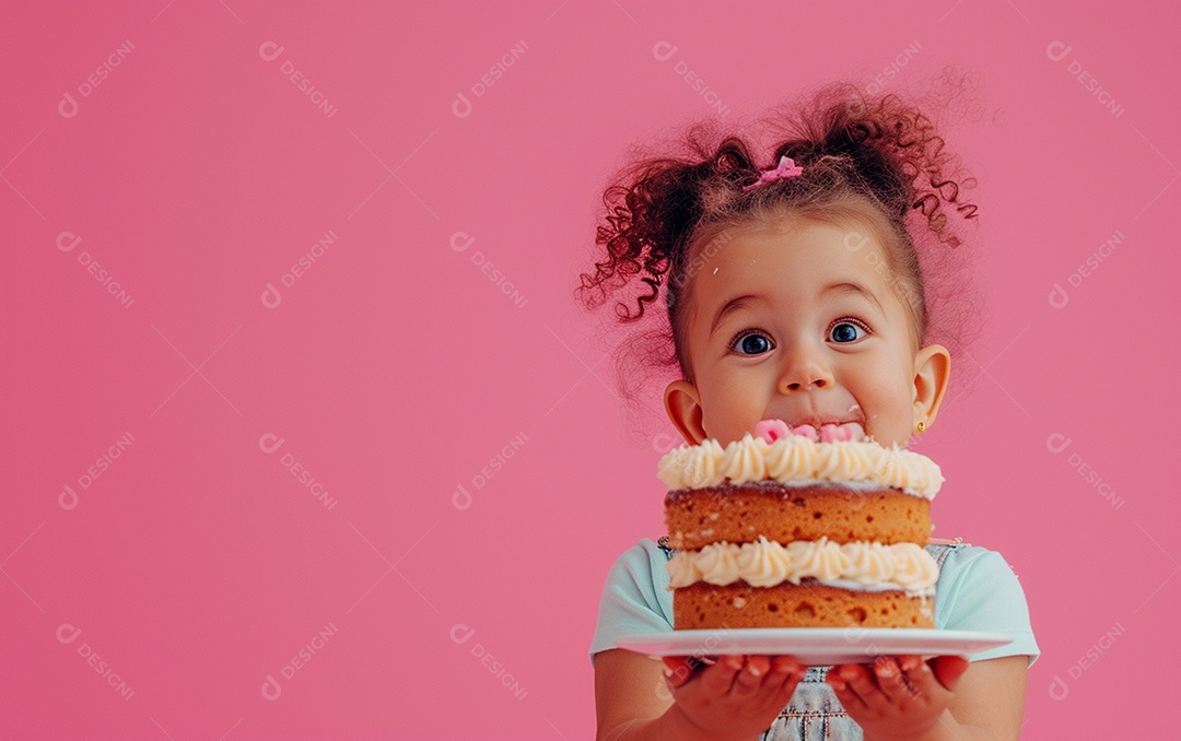 Menina com bolo mostrando sobremesa em cor sólida