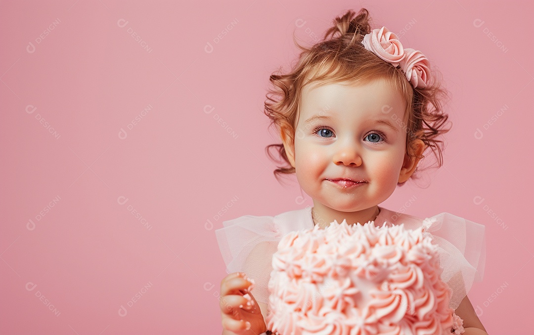 Menina com bolo mostrando sobremesa em cor sólida