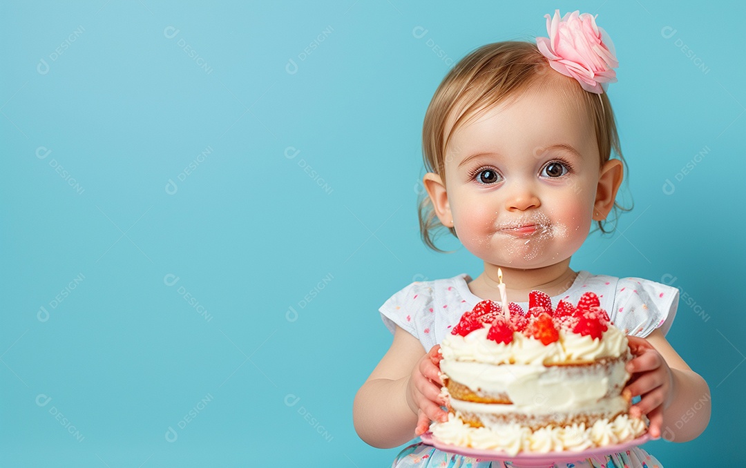 Menina com bolo mostrando sobremesa em cor sólida