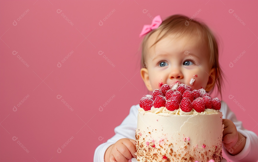 Menina com bolo mostrando sobremesa em cor sólida