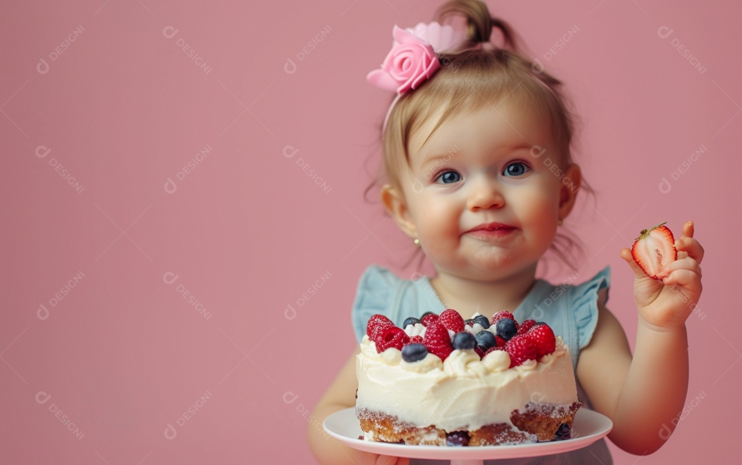 Menina com bolo mostrando sobremesa em cor sólida