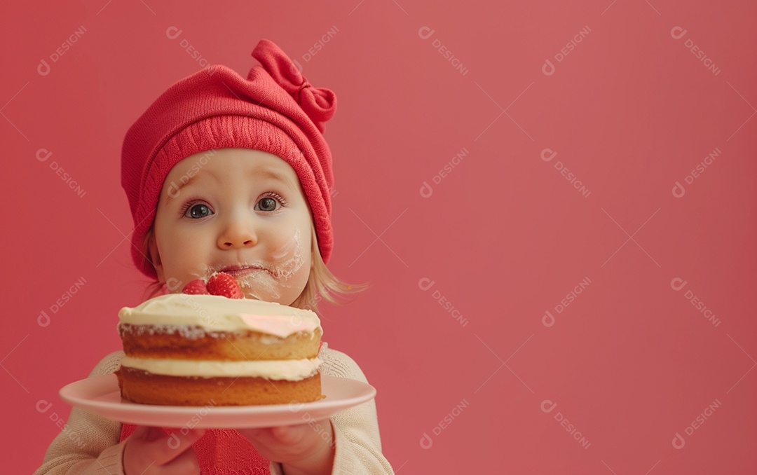 Menina com bolo mostrando sobremesa em cor sólida