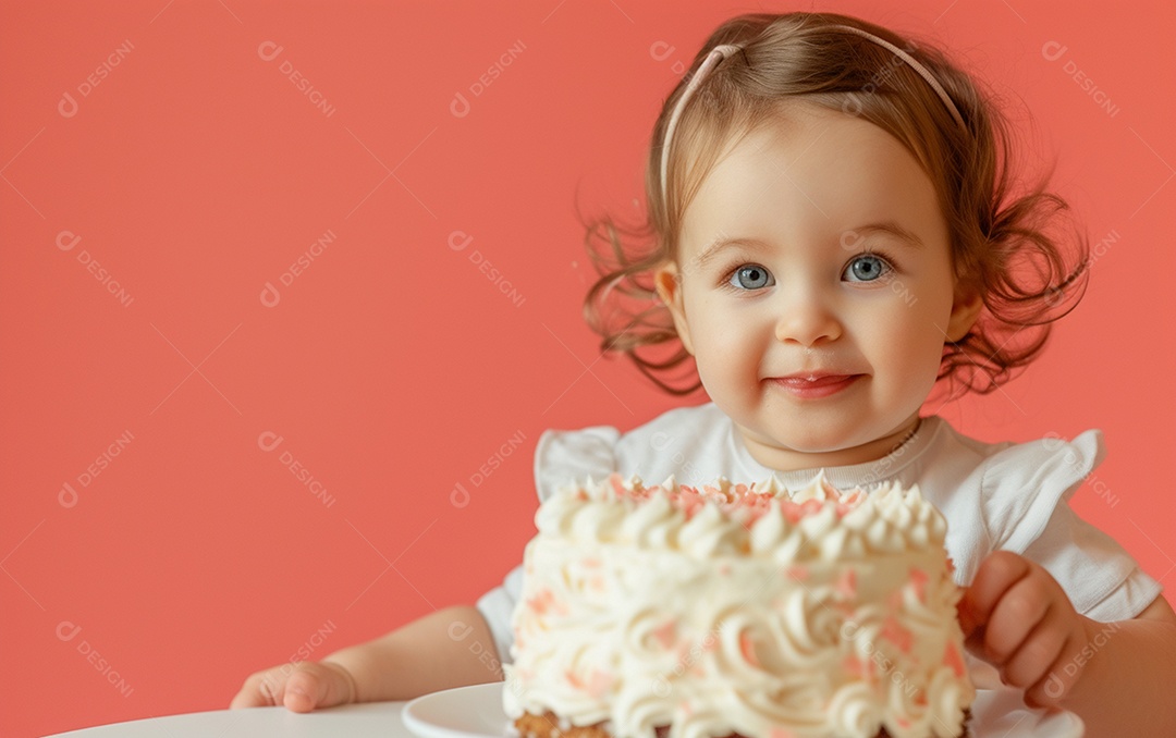 Menina com bolo mostrando sobremesa em cor sólida