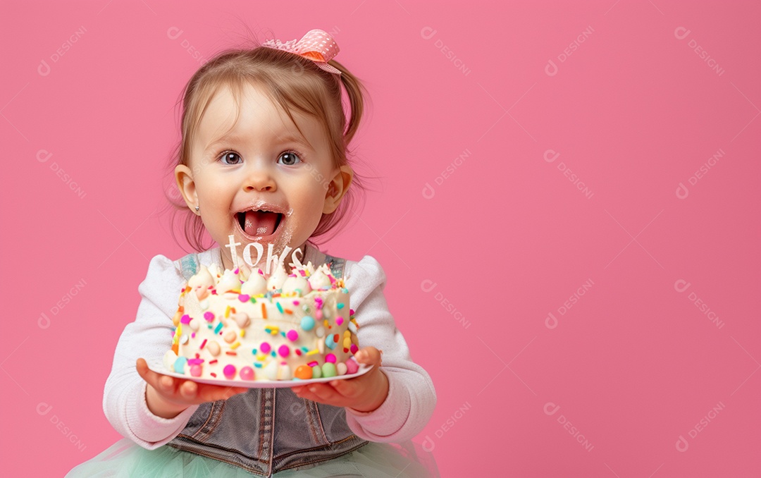 Menina com bolo mostrando sobremesa em cor sólida
