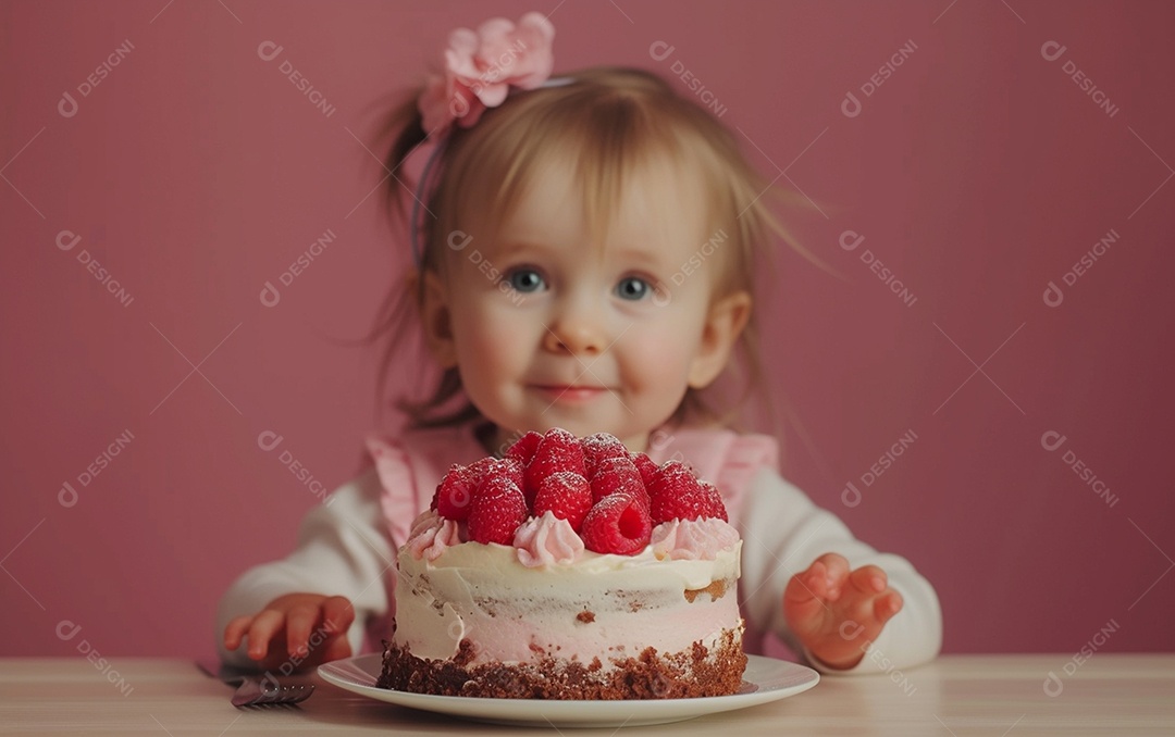 Menina com bolo mostrando sobremesa em cor sólida