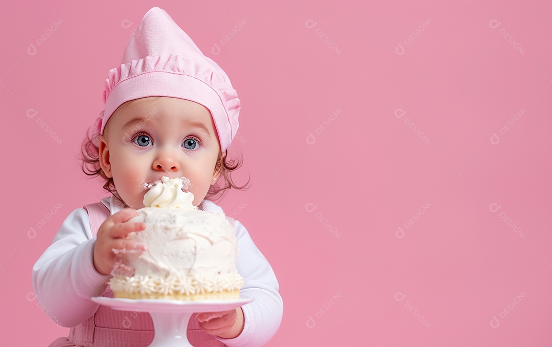 Menina com bolo mostrando sobremesa em cor sólida