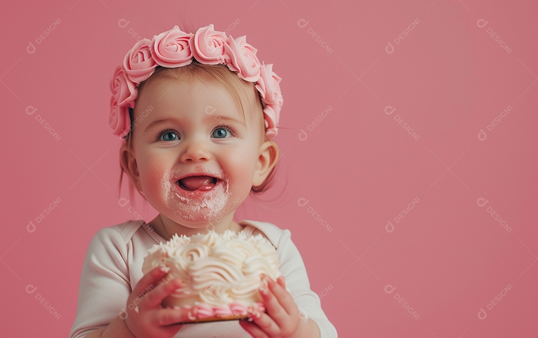 Menina com bolo mostrando sobremesa em cor sólida