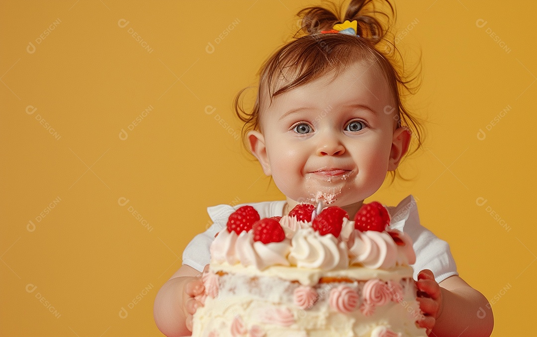 Menina com bolo mostrando sobremesa em cor sólida