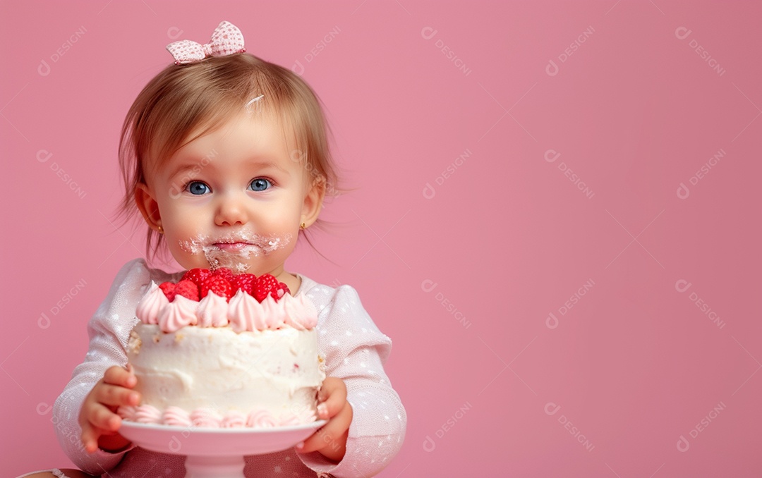 Menina com bolo mostrando sobremesa em cor sólida