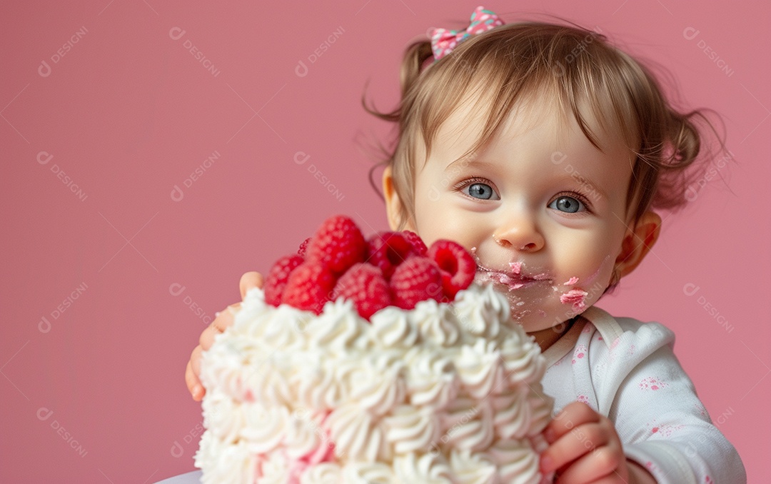 Menina com bolo mostrando sobremesa em cor sólida