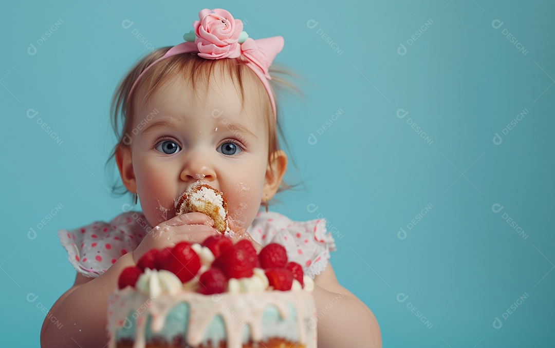 Menina com bolo mostrando sobremesa em cor sólida