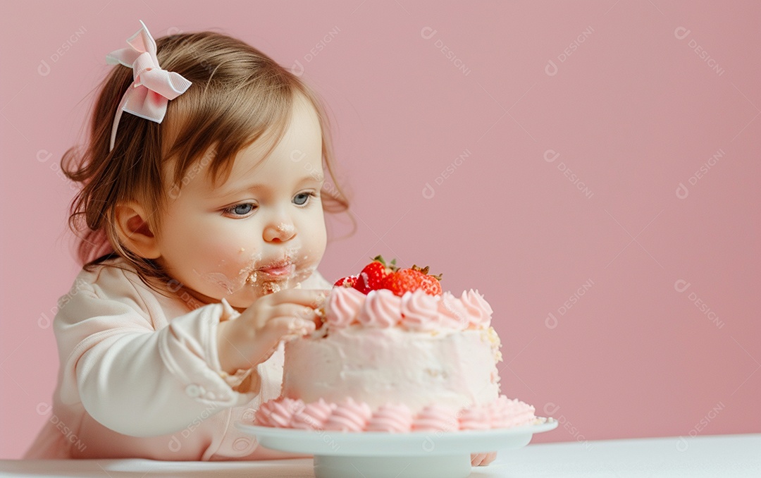 Menina com bolo mostrando sobremesa em cor sólida