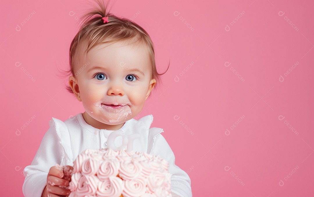 Menina com bolo mostrando sobremesa em cor sólida