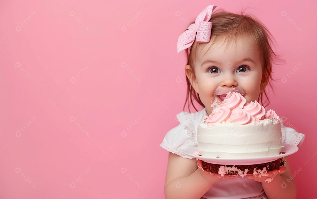 Menina com bolo mostrando sobremesa em cor sólida