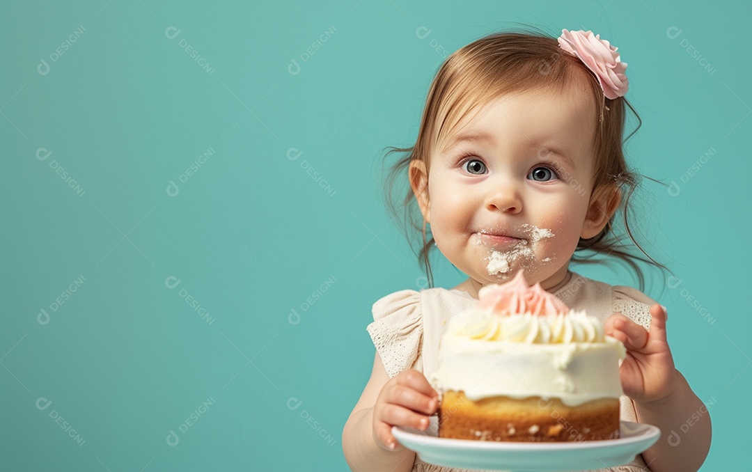 Menina com bolo mostrando sobremesa em cor sólida