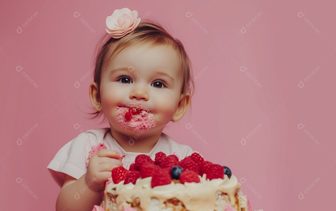 Menina com bolo mostrando sobremesa em cor sólida