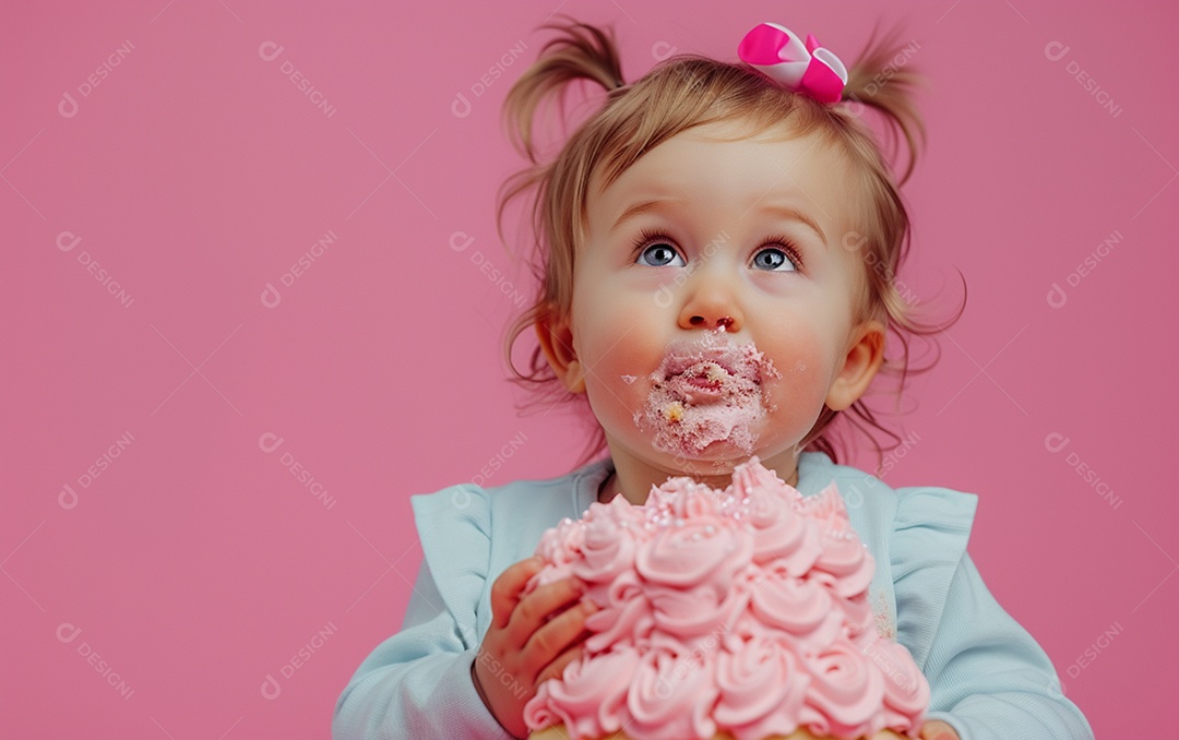 Menina com bolo mostrando sobremesa em cor sólida