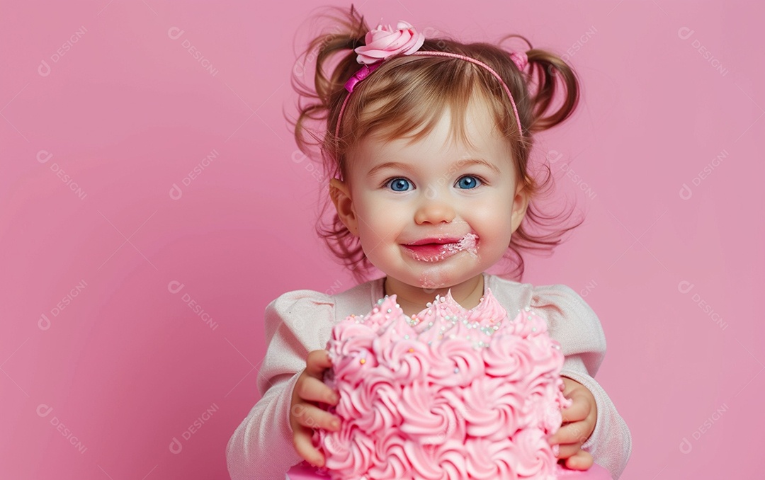 Menina com bolo mostrando sobremesa em cor sólida