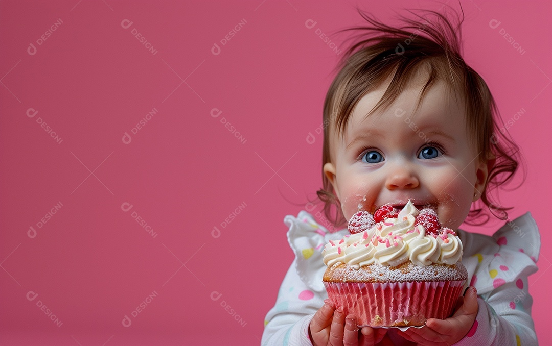Menina com bolo mostrando sobremesa em cor sólida