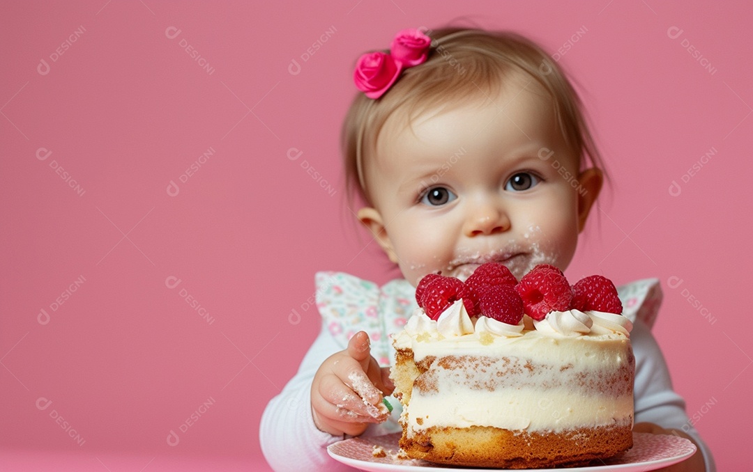 Menina com bolo mostrando sobremesa em cor sólida