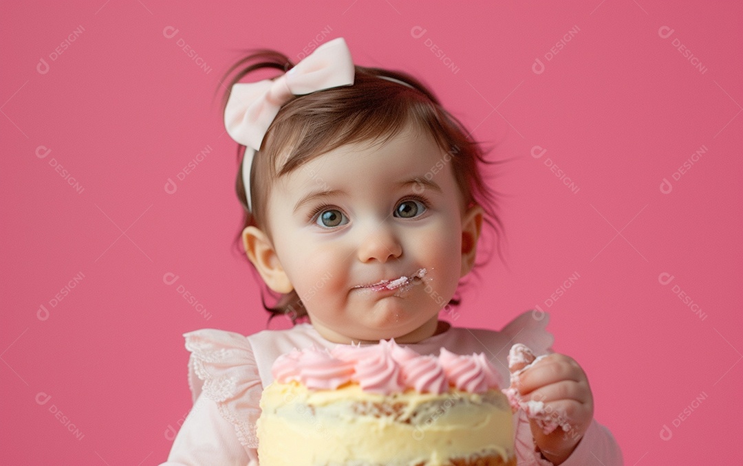 Menina com bolo mostrando sobremesa em cor sólida