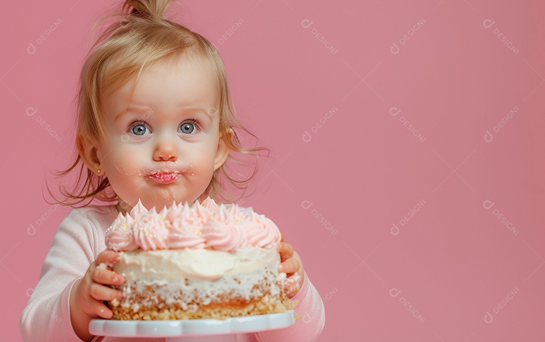 Menina com bolo mostrando sobremesa em cor sólida