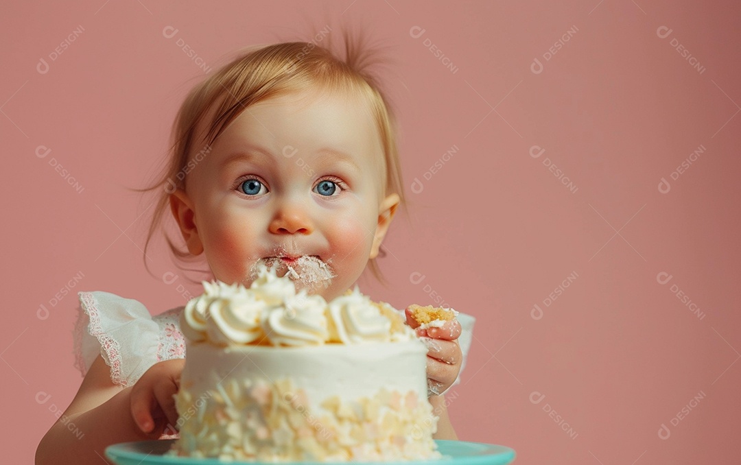 Linda menina sorridente segurando uma criança de bolo de aniversário